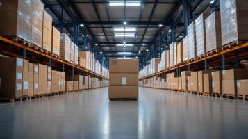Efficient logistics warehouse with stacked boxes and organized storage photo