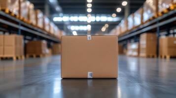 cardboard box in logistics warehouse with shelves of packages photo