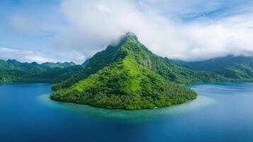 lush green island peak rising dramatically from turquoise sea, surrounded by clouds photo