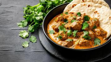 delicious bowl of lamb curry served with flatbread and fresh herbs photo