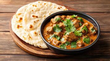 Delicious lamb curry served with naan bread, garnished with fresh herbs photo