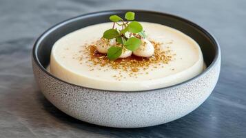 Creamy dessert topped with herbs and golden garnish in bowl photo