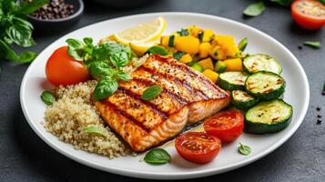 beautifully plated organic meal with grilled salmon, quinoa, and vegetables photo