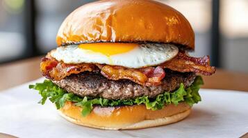 delicious cheeseburger with fried egg, crispy bacon, and fresh lettuce photo