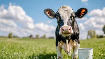 cow grazing in sunny field with bucket nearby, enjoying bright day photo
