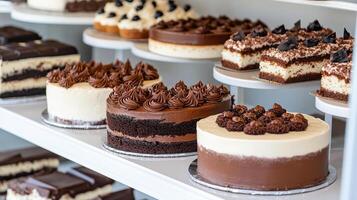 Delicious cakes displayed in shop, showcasing various styles and flavors photo