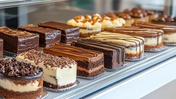 Delicious cake display featuring various chocolate and cream styles photo