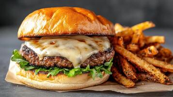 delicious cheeseburger with thick beef patty, Swiss cheese, and fries photo