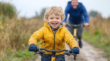 Joyful child riding bicycle in yellow raincoat, enjoying outdoors photo