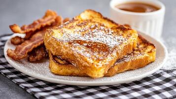 Delicious French toast served with crispy bacon and syrup photo