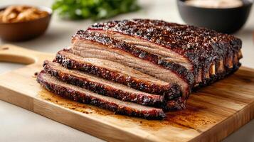 Sliced slow smoked brisket on wooden cutting board, garnished with herbs photo