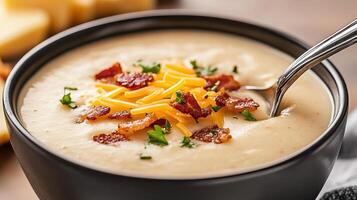 Creamy potato soup topped with cheese and bacon, served in bowl photo