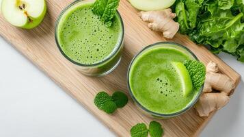 Fresh green detox juice with apple, ginger, and leafy greens photo