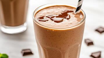 Thick chocolate milkshake topped with chocolate syrup and straw photo