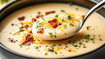 Creamy potato soup with bacon and cheese, garnished with herbs photo