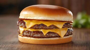 Juicy cheeseburger with two beef patties and melted cheese, deliciously tempting photo