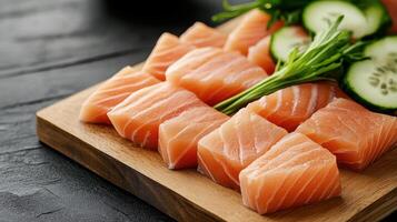 Freshly sliced sashimi with cucumber and greens on wooden board photo