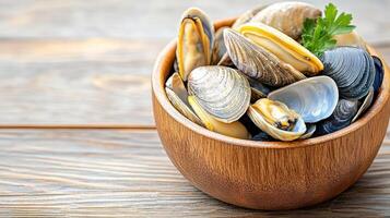 Fresh clams, mussels, and oysters in wooden bowl, perfect for seafood lovers photo