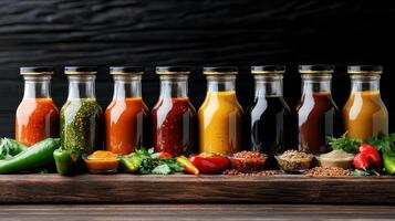 collection of colorful sauces in glass bottles with fresh ingredients photo