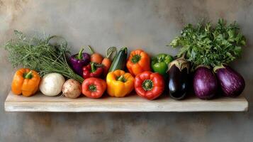 Colorful array of farm fresh vegetables including peppers, eggplants, and zucchini photo