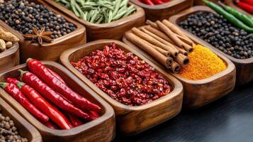 Colorful display of spices including dried chili, cinnamon, and herbs photo