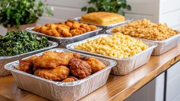 Delicious comfort food buffet featuring fried chicken, macaroni, and cornbread photo