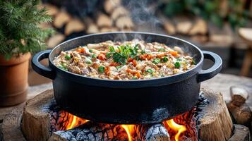 cowboy inspired scene featuring Dutch oven filled with delicious stew photo