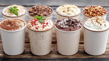 Delicious chocolate desserts in cups with various toppings and flavors photo