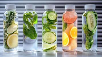 Refreshing infused water bottles with fruits and herbs photo