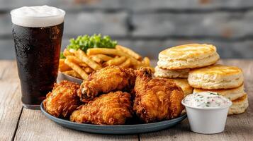 Crispy fried chicken meal with biscuits, fries, and cold drink photo