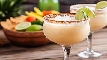 Refreshing margaritas with lime garnish and festive atmosphere photo