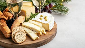 festive cheese and wine pairing with crackers and bread on wooden board photo