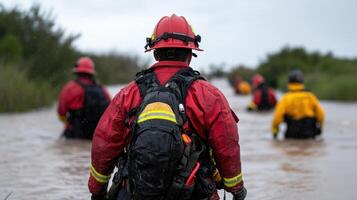 Rescue team in floodwaters, working to save lives during emergency photo