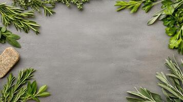 Fresh and dried herbs arranged on gray surface, perfect for culinary use photo