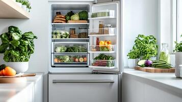 Fresh vegetables and organized meal prep in modern fridge photo