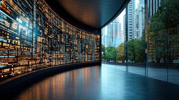 futuristic business setting with holographic data displays and city views photo