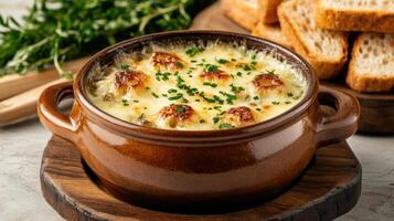 Gourmet bowl of French onion soup topped with melted cheese and herbs photo