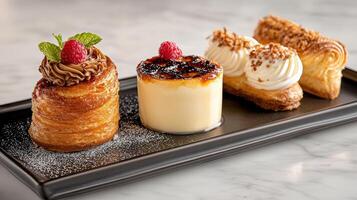Gourmet dessert tray with creme brulee, pastries, and fresh raspberries photo