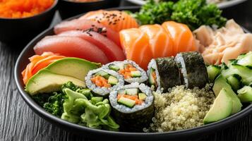 Fresh sushi platter featuring quinoa rice, avocado, and assorted fish photo