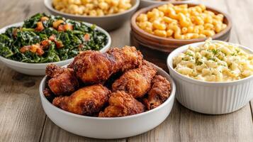 Delicious fried chicken, macaroni, and greens on family dinner table photo