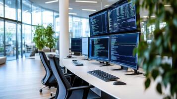 High tech newsroom with multiple screens displaying data and analytics photo