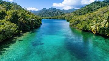 serene paradise island with freshwater lagoon surrounded by lush greenery photo