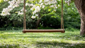peaceful backyard swing hanging under blossoming tree, surrounded by greenery photo
