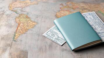 passport and travel tickets on world map, symbolizing adventure and exploration photo