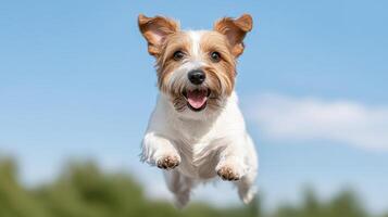 Joyful dog jumping in air with happy expression against blue sky photo
