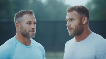 Coaches discussing fitness strategies outdoors with focused expressions photo