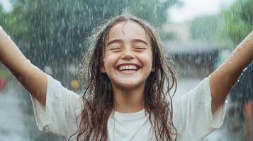 Joyful girl laughing and dancing in rain, embracing moment photo
