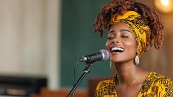 Joyful woman singing with microphone, wearing vibrant headwrap and dress photo