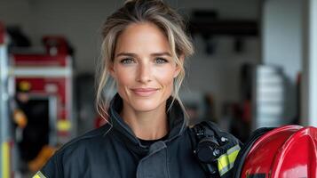 confident female firefighter in uniform, smiling proudly with helmet photo