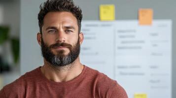 man with beard smiling confidently in office setting photo